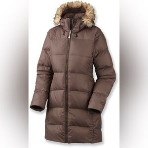 Mountain Hardwear Brown Goose Down Hooded Puffer Jacket Coat Womens small GUC